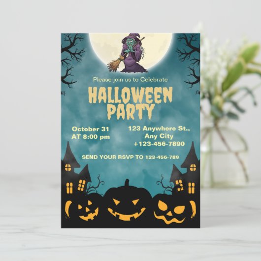 Invitation à la Soirée Halloween Sorcière & Citrou (Debout devant)