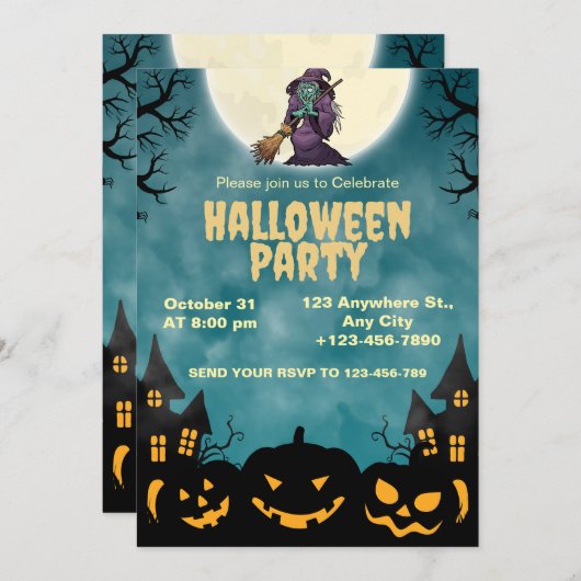 Invitation à la Soirée Halloween Sorcière & Citrou (Devant / Derrière)