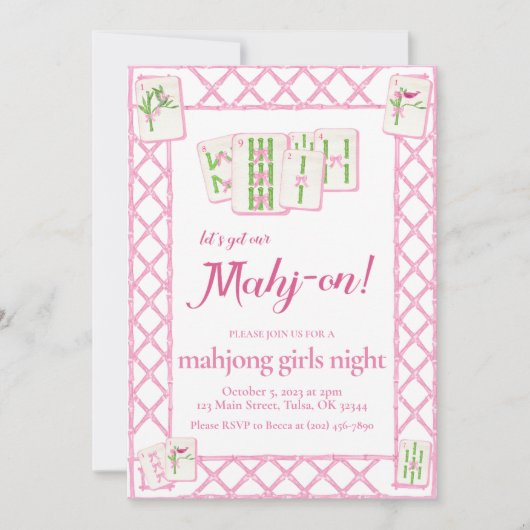 Invitation à la soirée Mahjong, Coquette rose et v (Devant)