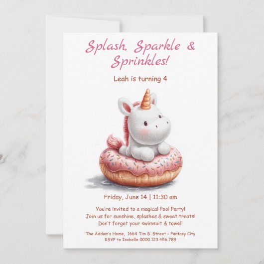 Invitation à la soirée piscine donuts licorne – Fê (Devant)