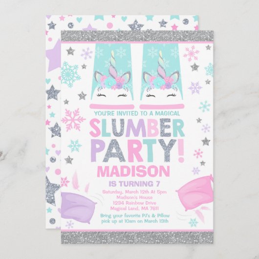 Invitation à la soirée pyjama Licorne d'hiver (Devant / Derrière)