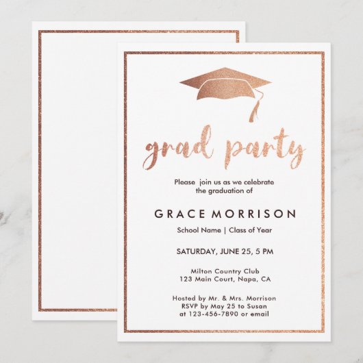 Invitation à la soirée Rose de graduation en or (Devant / Derrière)