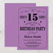 Invitation à l'anniversaire 15e Noir et violet (Devant / Derrière)