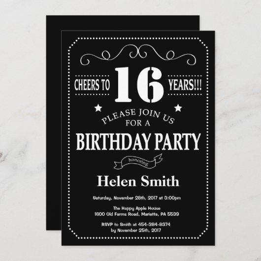 Invitation à l'anniversaire 16e tableau noir blanc (Devant / Derrière)
