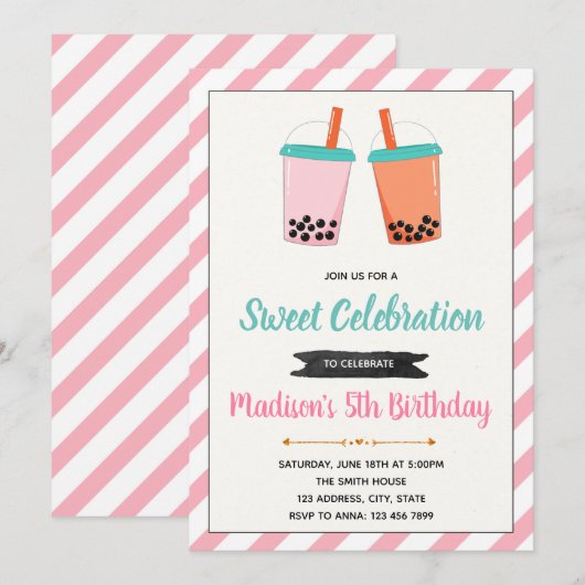 Invitation à l'anniversaire Boba milktea (Devant / Derrière)