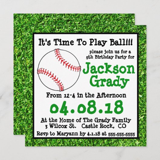 Invitation à l'anniversaire de base-ball Green Gra (Devant / Derrière)