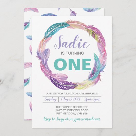 Invitation à l'anniversaire de Boho Feather (Devant / Derrière)