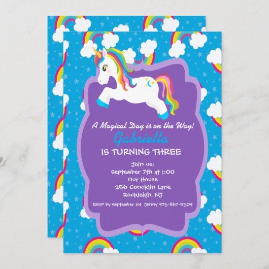 Invitation à l'anniversaire de Bright Rainbow Unic (Devant / Derrière)