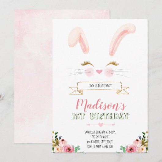 Invitation à l'anniversaire de Bunny face (Devant / Derrière)