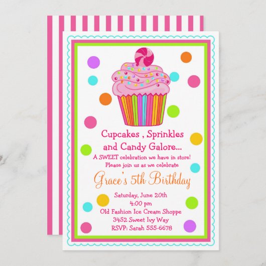 Invitation à l'anniversaire de Candy Cupcake (Devant / Derrière)