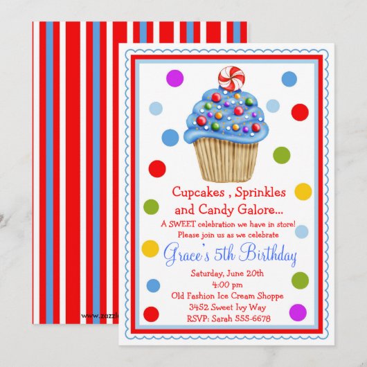 Invitation à l'anniversaire de Candy Cupcake (Devant / Derrière)