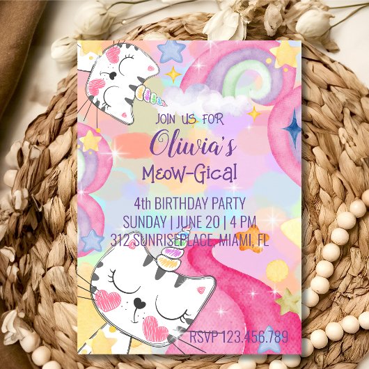 Invitation à l'anniversaire de caticorn méow-gical