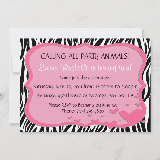 Invitation à l'anniversaire de Chic Zebra (Dos)