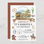 Invitation à l'anniversaire de Cowboy<br><div class="desc">Une invitation de premier anniversaire "saddle up" mignonne et fantaisiste cowboy sauvage ouest en terre cuite brun et blues pour un garçon, avec la ville occidentale, cowboy engrenage stagecoach, lasso, et cowboy sur cheval. Tout ce dont un cowboy a besoin. C'est son premier rodéo ! Vous pouvez le customiser pour...</div>