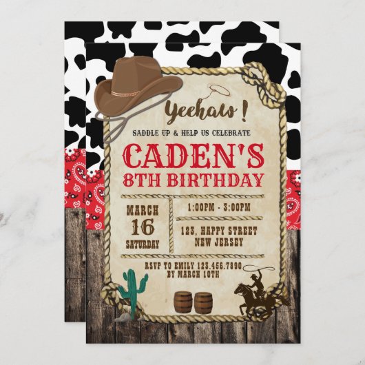 Invitation à l'anniversaire de Cowboy (Devant / Derrière)