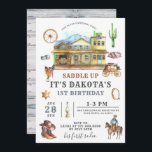 Invitation à l'anniversaire de Cowboy<br><div class="desc">Une invitation de premier anniversaire "saddle up" mignonne et fantaisiste cowboy sauvage ouest en terre cuite brun et blues pour un garçon,  avec la ville occidentale,  cowboy engrenage stagecoach,  lasso,  et cowboy sur cheval. Tout ce dont un cowboy a besoin. C'est son premier rodéo !</div>