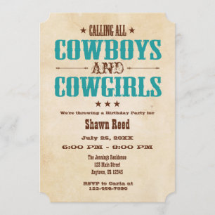 Invitation à l'anniversaire de Cowboy Vintage turq