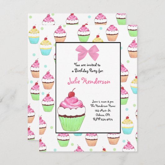 Invitation à l'anniversaire de Cupcake (Devant / Derrière)