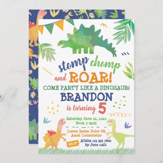 Invitation à l'anniversaire de Cute Dinosaur (Devant / Derrière)