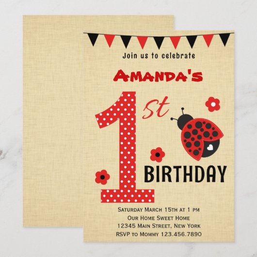 Invitation à l'anniversaire de Cute Ladybug (Devant / Derrière)