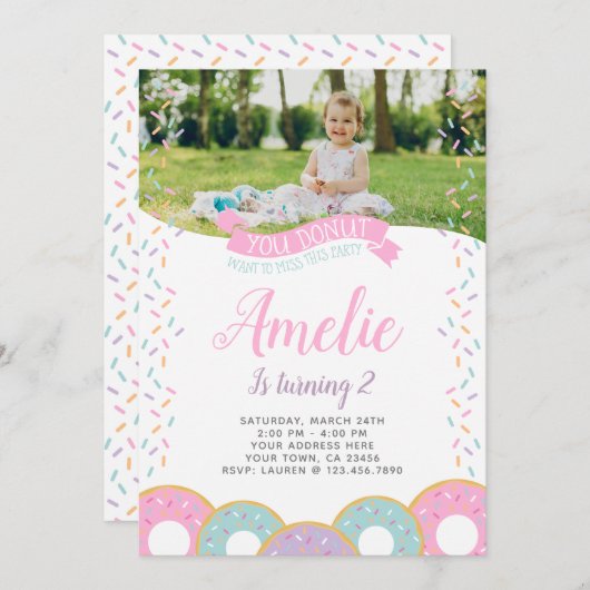 Invitation à l'anniversaire de Donut avec photo (Devant / Derrière)