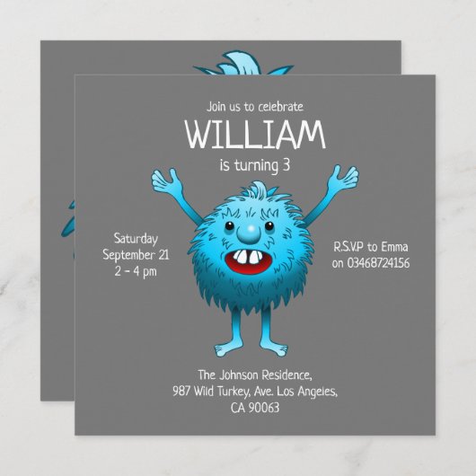 Invitation à l'anniversaire de Fluffy Cute Monster (Devant / Derrière)