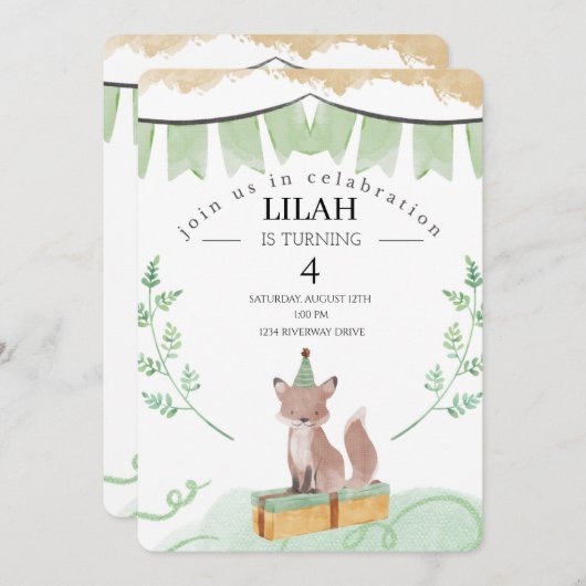 Invitation à l'anniversaire de Fox modifiable | An (Devant / Derrière)