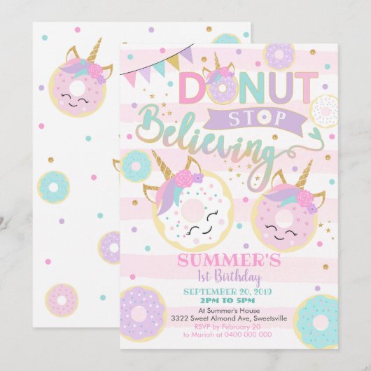 Invitation à l'anniversaire de Girl Donut Unicorn (Devant / Derrière)
