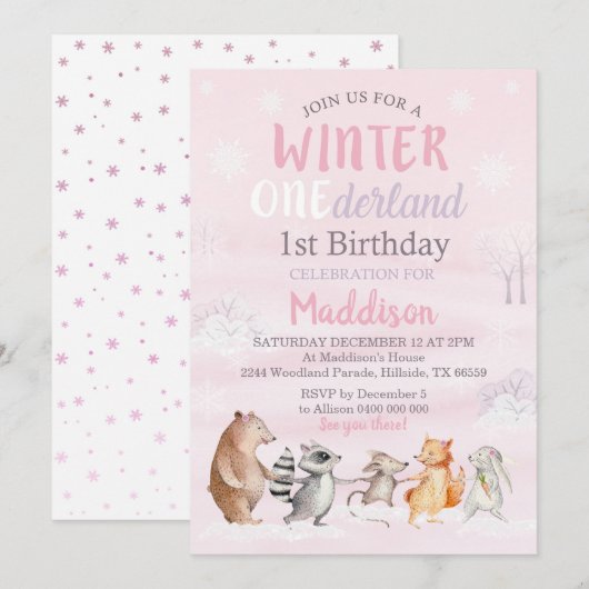 Invitation à l'anniversaire de Girl Winter Woodlan (Devant / Derrière)