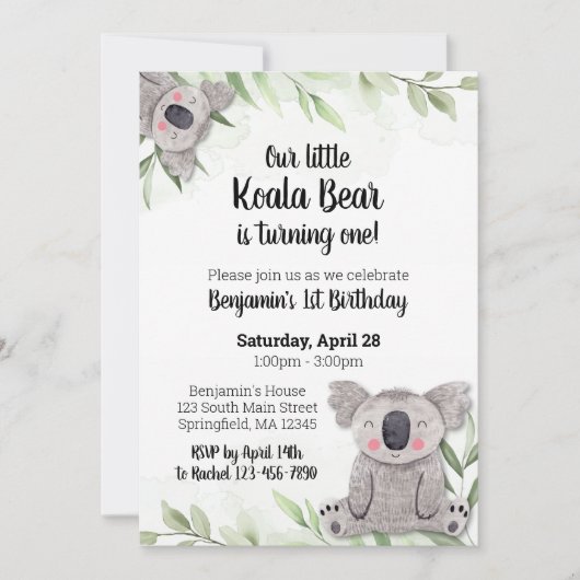 Invitation à l'anniversaire de Koala Bear (Devant)