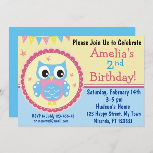 Invitation à l'anniversaire de la chouette (Devant / Derrière)