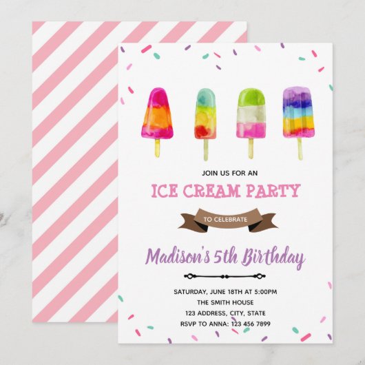 Invitation à l'anniversaire de la crème glacée (Devant / Derrière)