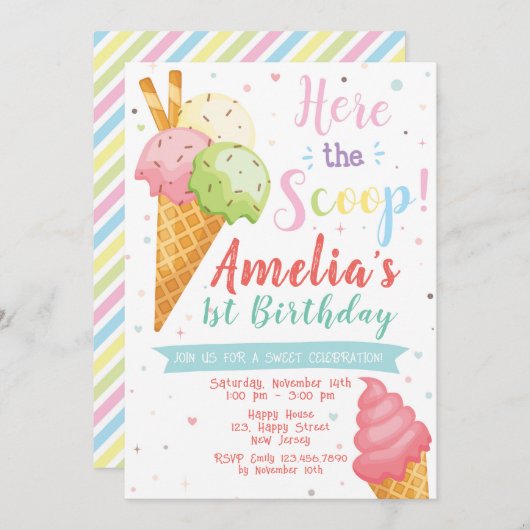 Invitation à l'anniversaire de la crème glacée. Cé (Devant / Derrière)