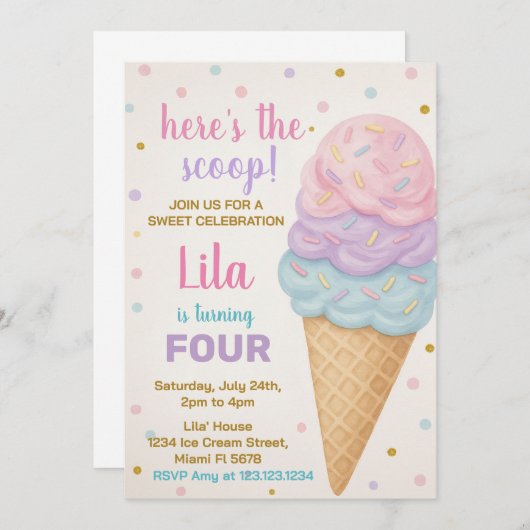 Invitation à l'anniversaire de la crème glacée mod (Devant / Derrière)