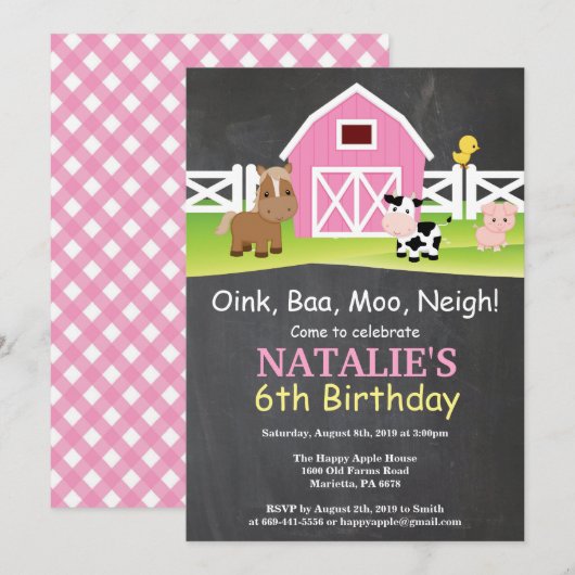 Invitation à l'anniversaire de la ferme Chalkboard (Devant / Derrière)