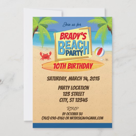 Invitation à l'anniversaire de la fête de plage (Devant)