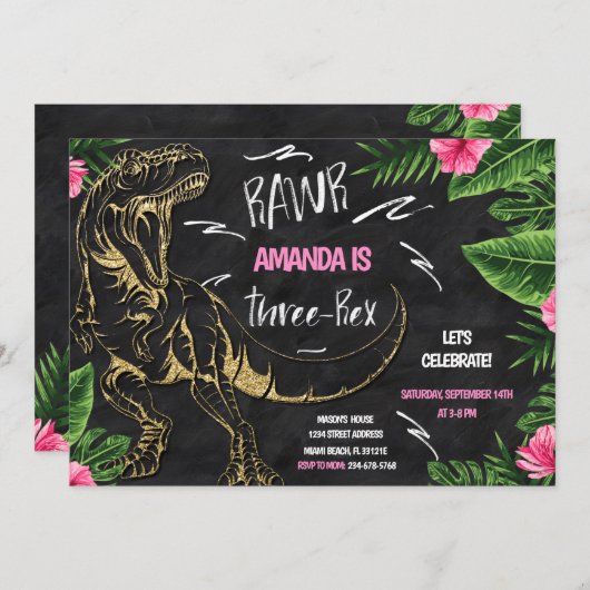 Invitation à l'anniversaire de la fille Dinosaur à (Devant / Derrière)