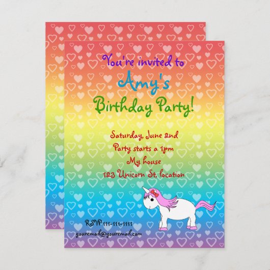 Invitation à l'anniversaire de la licorne (Devant / Derrière)