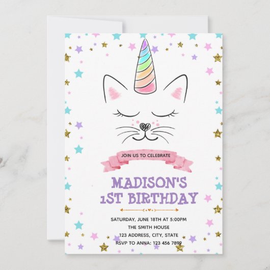 Invitation à l'anniversaire de la licorne de chat (Devant)