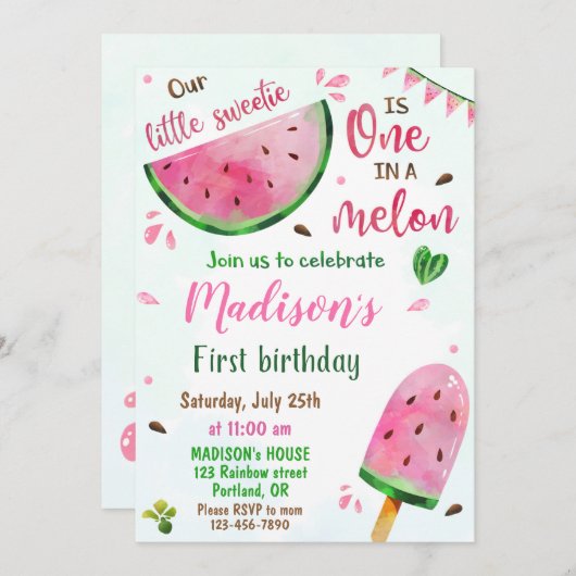 Invitation à l'anniversaire de la pastèque Une dan (Devant / Derrière)