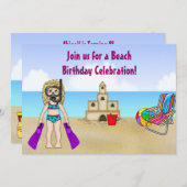 Invitation à l'anniversaire de la plage de Cute po (Devant / Derrière)
