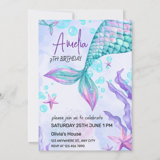 Invitation à l'anniversaire de la Sirène modifiabl (Devant)