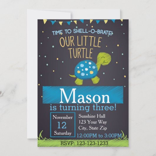 Invitation à l'anniversaire de la tortue (bleu) (Devant)