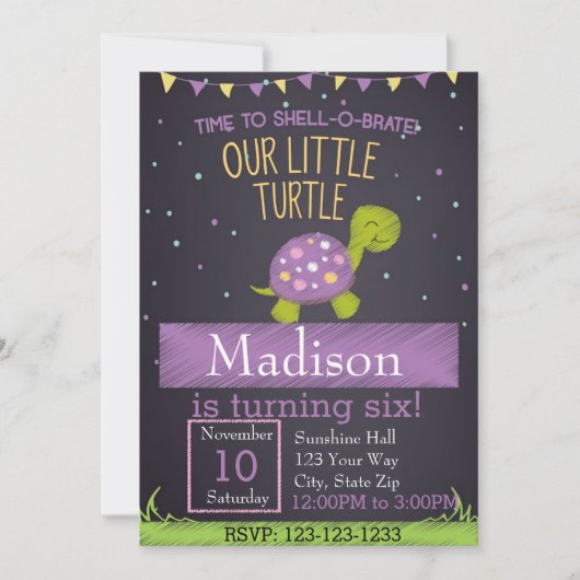 Invitation à l'anniversaire de la tortue (violet) (Devant)