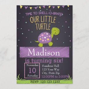 Invitation à l'anniversaire de la tortue (violet)