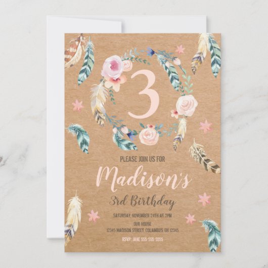 Invitation à l'anniversaire de la tribu Boho pour  (Devant)