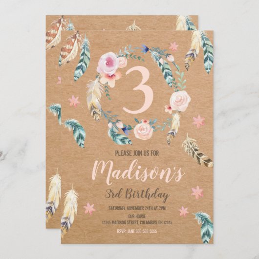 Invitation à l'anniversaire de la tribu Boho pour  (Devant / Derrière)
