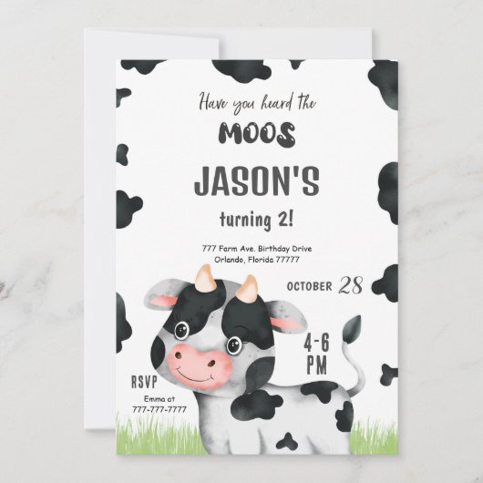 Invitation à l'anniversaire de la vache-garçon mod (Devant)