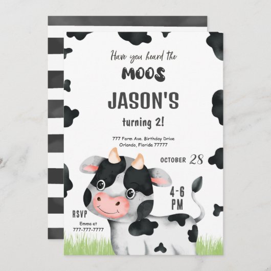 Invitation à l'anniversaire de la vache-garçon mod (Devant / Derrière)