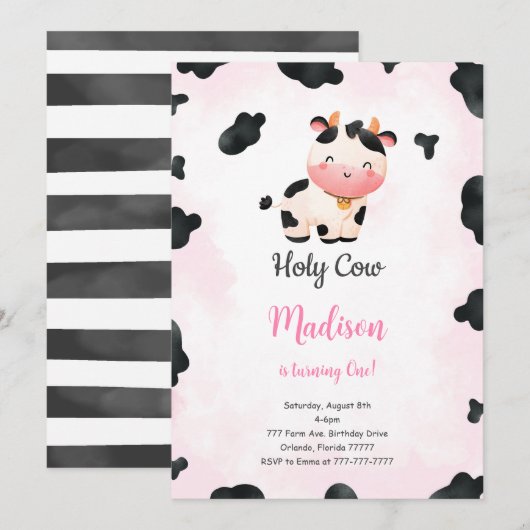 Invitation à l'anniversaire de la vache mignonne (Devant / Derrière)